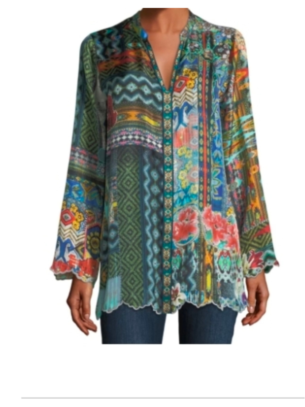 Johnny Was Cane Silk Twill Patchwork Tunic Blouse Top Size PXS